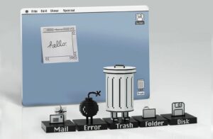 Conjunto de artigos de papelaria Trashbot apresenta acessórios de mesa modelados após a interface clássica do Mac