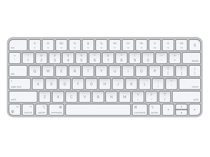 O Apple Magic Keyboard sem fio em um fundo branco.