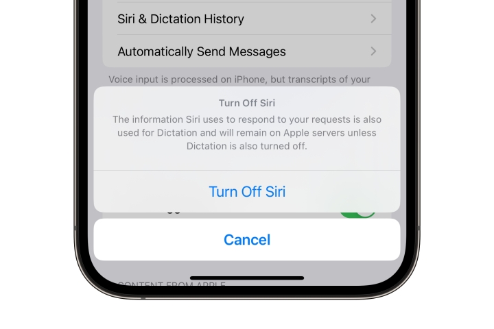 iPhone 14 Pro Max mostrando prompt para desligar a Siri.