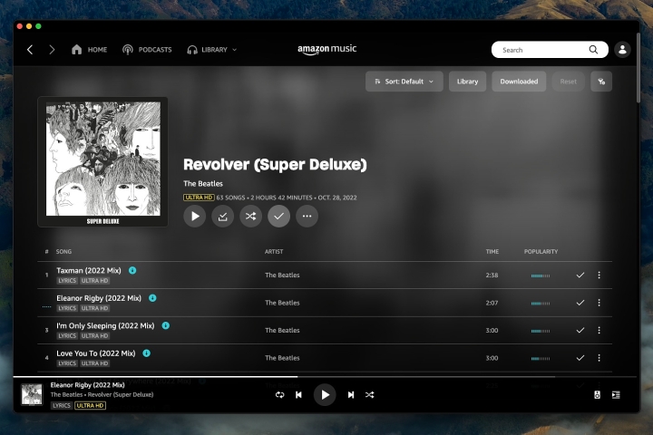 Amazon Music Unlimited mostrando The Beatles' Revolver (2022 Mix) em Ultra HD.