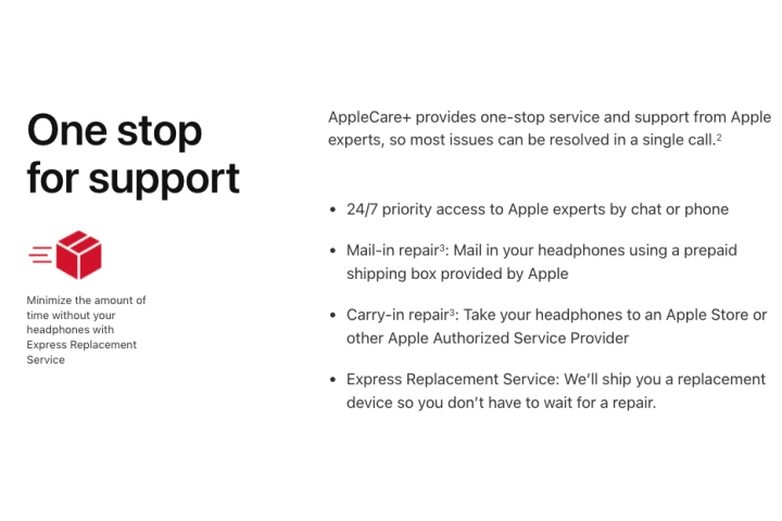 Captura de tela do AppleCare para AirPods.  