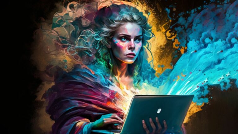 Midjourney: AI Generated image of a magical woman holding a Macbook Pro.