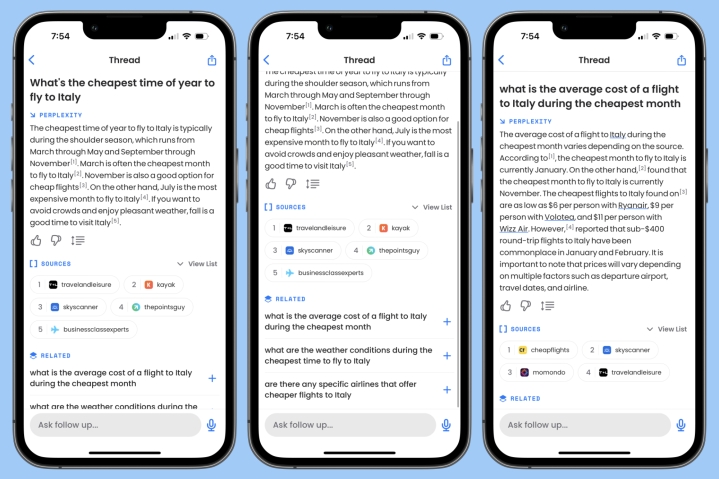 Capturas de tela do aplicativo Perplexity AI ChatGPT em execução em um iPhone.