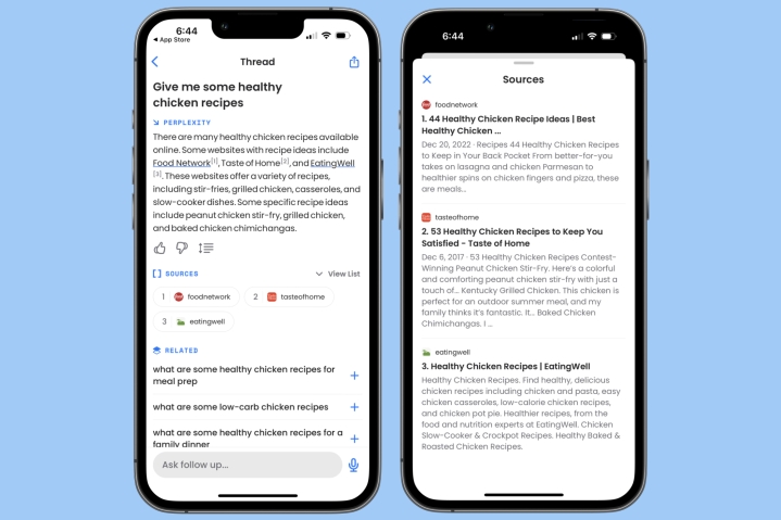 Capturas de tela do aplicativo Perplexity AI ChatGPT em execução em um iPhone.