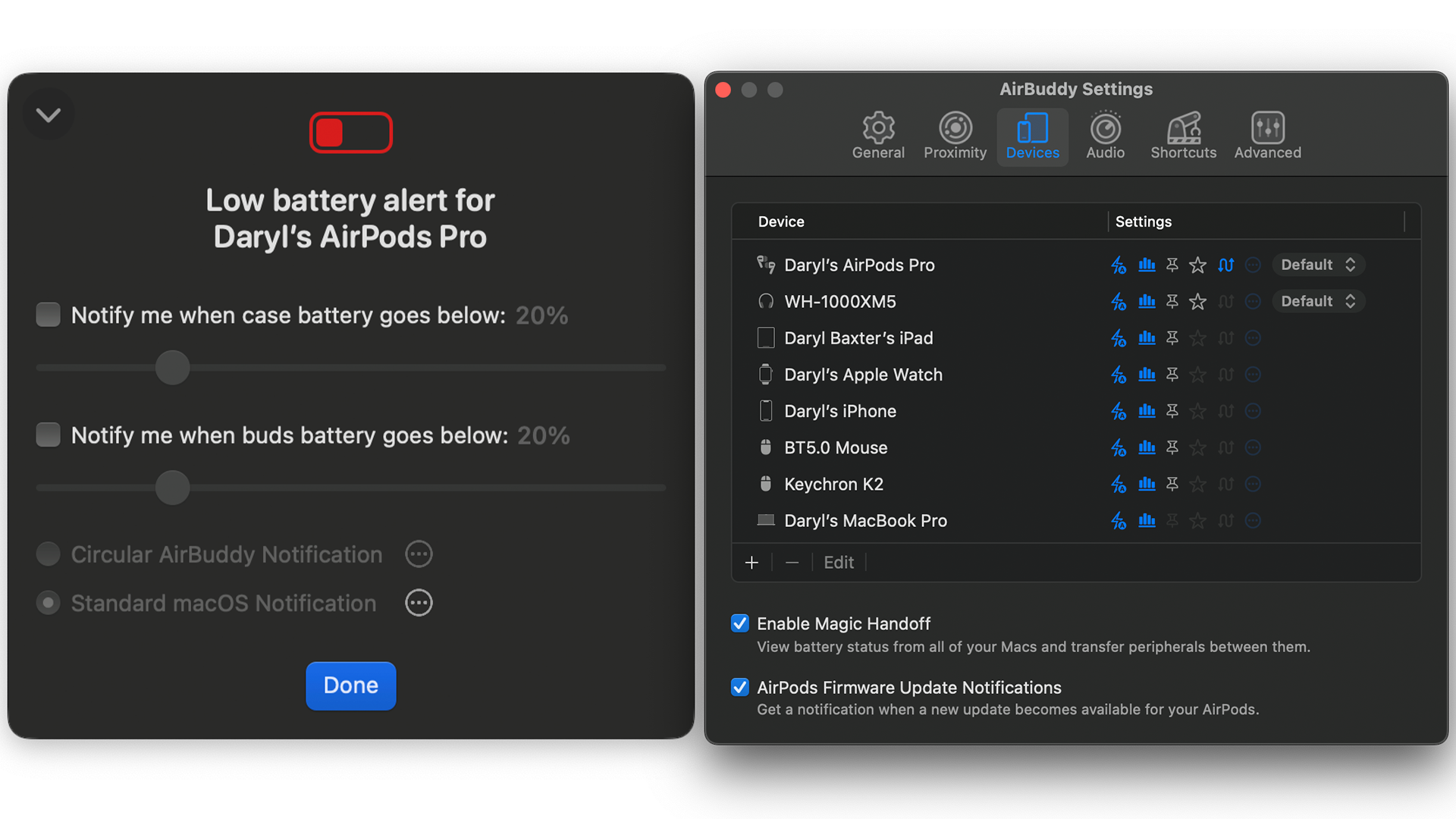 Configurações do AirBuddy em um Mac