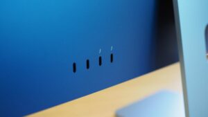 USB-C and Thunderbolt port s on back of blue iMac (2021)