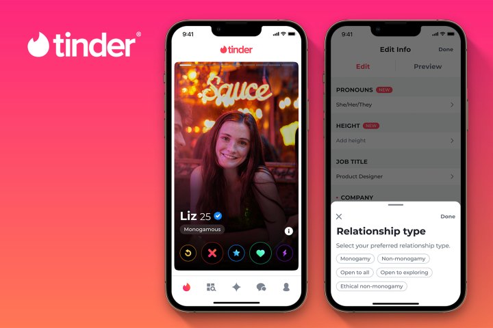 Duas telas do iPhone exibindo as atualizações dos emblemas de perfil do Tinder que apresentam tipos de relacionamento.