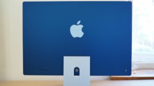 Rear of a blue 2021 iMac