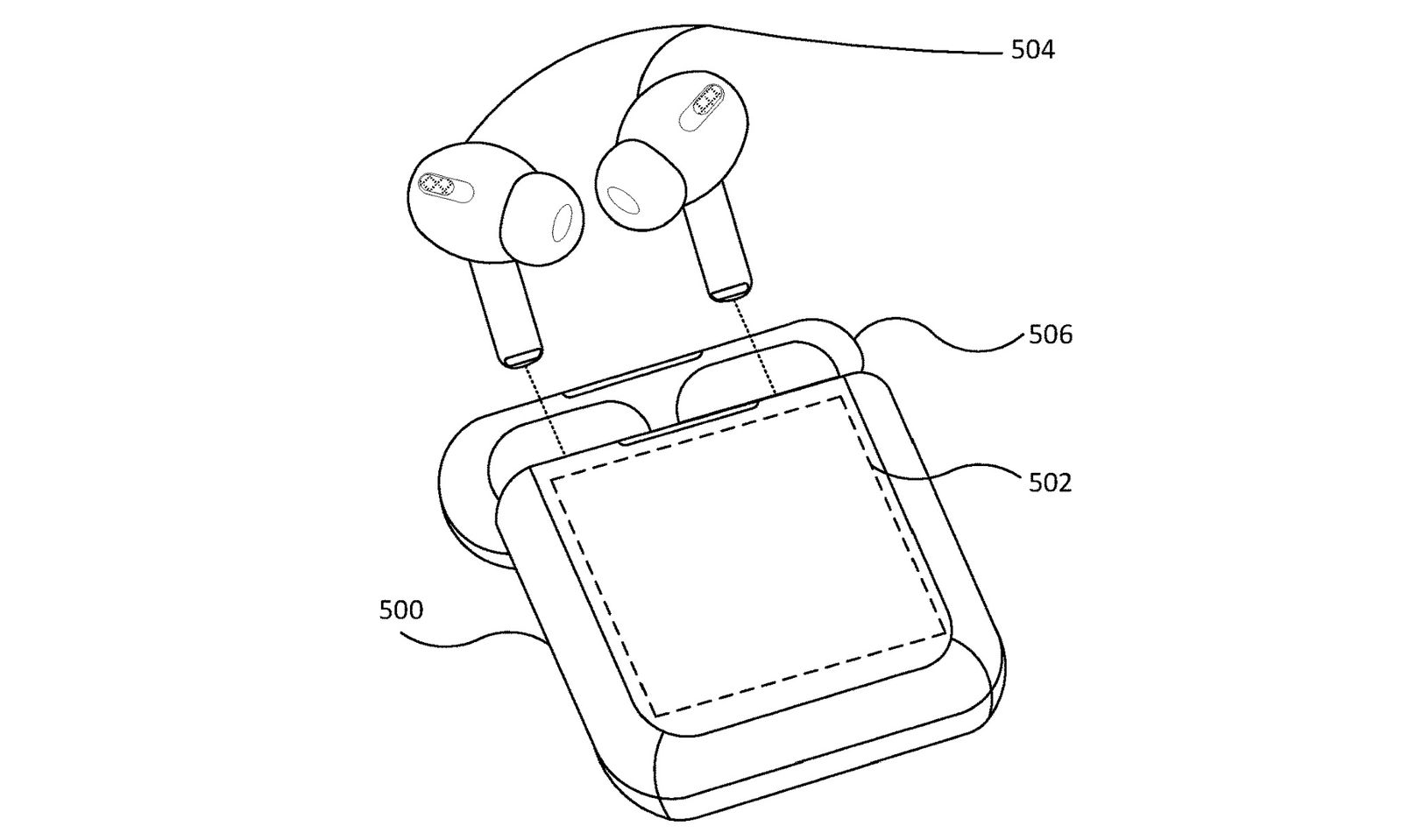 Estojo AirPods com design de patente de exibição.