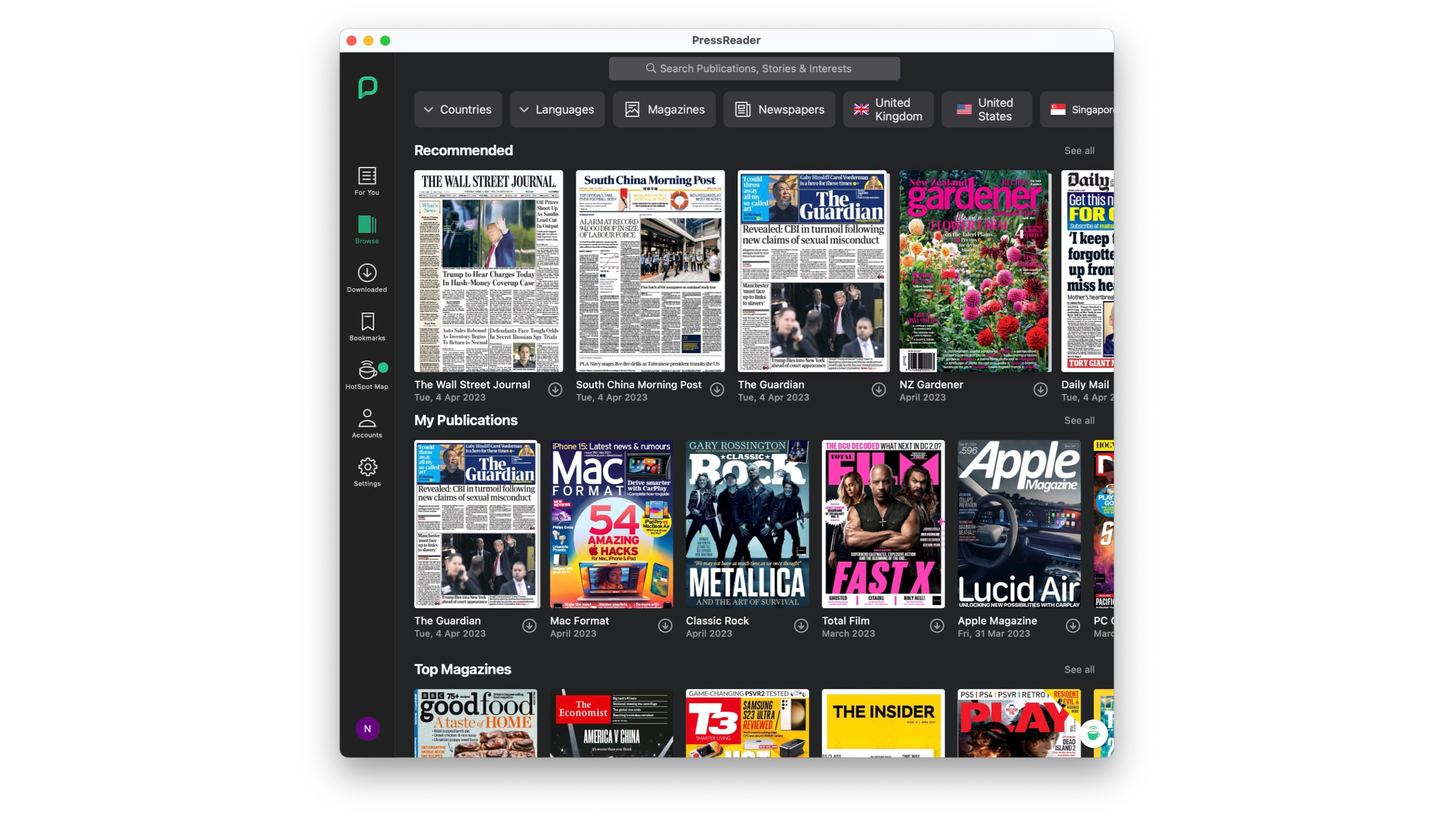 A interface do aplicativo PressReader para iPad