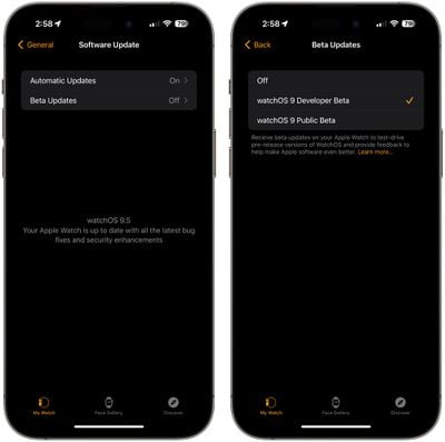 atualizações beta watchos 9 5