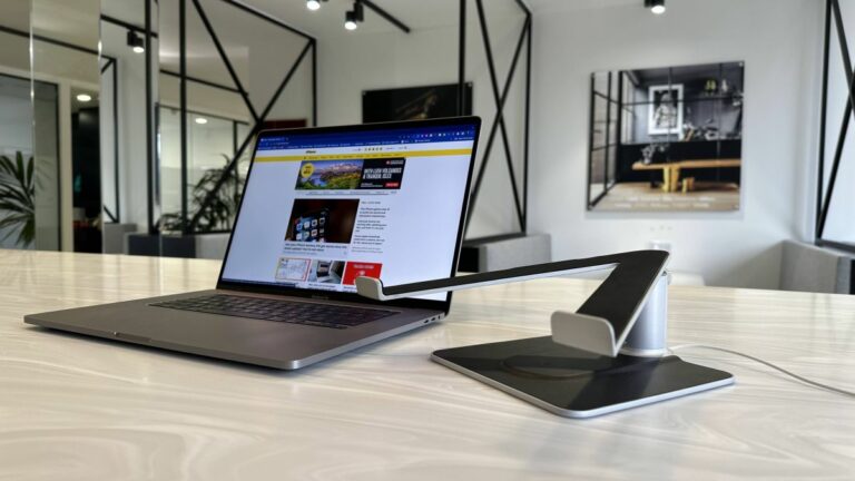 Twelve South HiRise Pro MacBook stand on a marble surface in an office