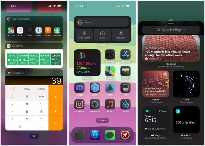 Exemplo de widgets interativos na exibição Hoje, em comparação com os widgets da tela inicial