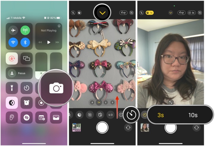 Defina o cronômetro da câmera no aplicativo Câmera do iOS iniciando a Câmera, toque na seta na parte superior ou deslize para cima a partir do botão do obturador, toque no cronômetro, escolha 3 segundos ou 10 segundos
