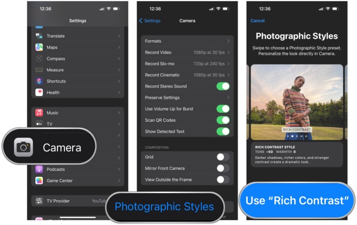 Configurações do iOS 16, selecione Câmera, selecione Estilos fotográficos, deslize para sua escolha, selecione Usar estilo