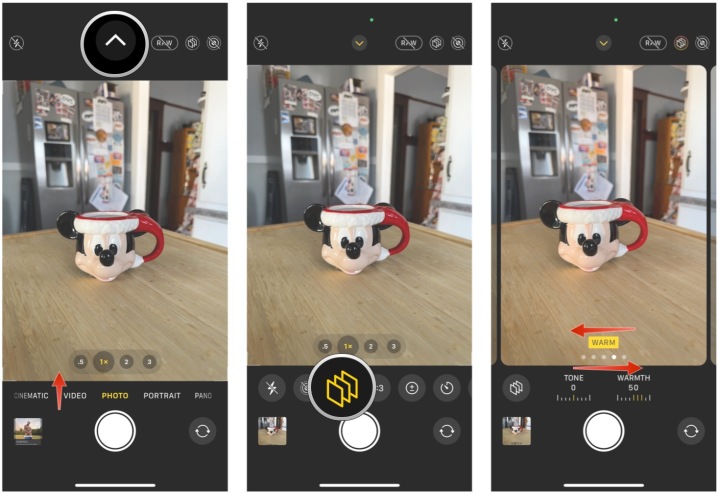No aplicativo Câmera, selecione a seta na parte superior ou deslize para cima para exibir controles adicionais, selecione Estilos fotográficos, deslize entre os estilos e use os controles deslizantes para ajustar o tom e o calor de cada um