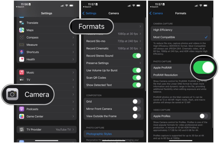 Habilite o ProRaw em Configurações indo para Câmera, Formatar, ative o ProRaw