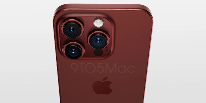 iPhone 15 Pro renderizado na cor vermelha escura