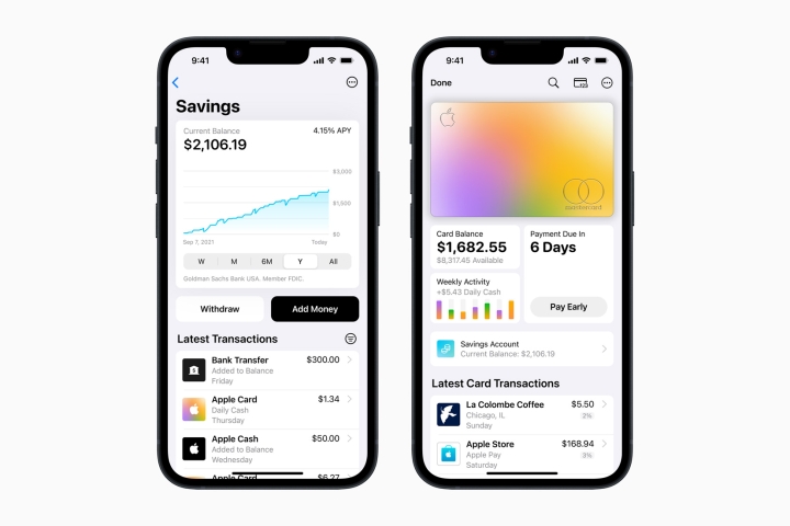 Renderizações da conta Apple Card Savings em um iPhone.