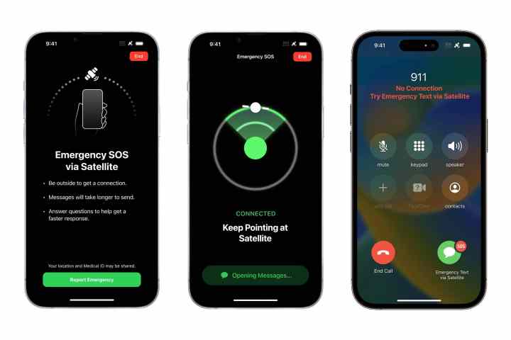 Três iPhones mostrando o recurso SOS de emergência via satélite.