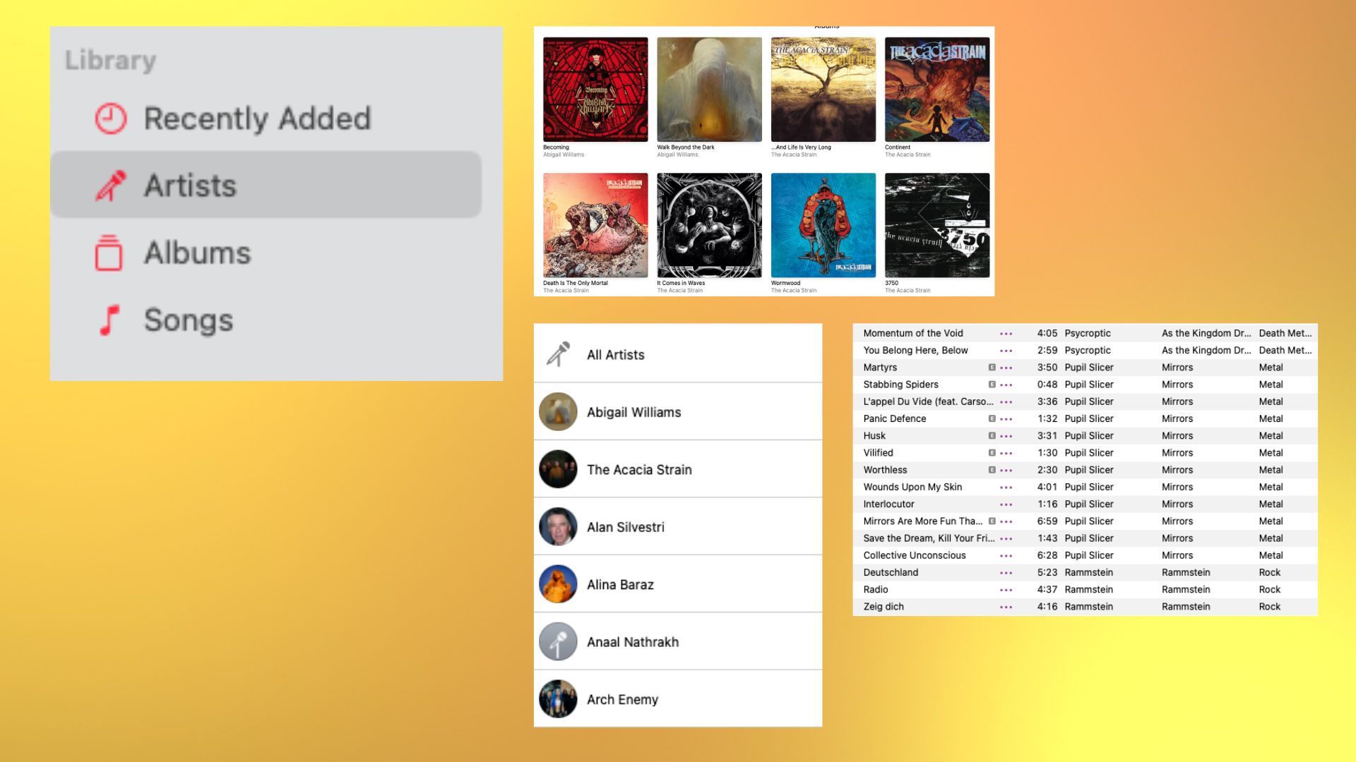 Capturas de tela da biblioteca do Apple Music