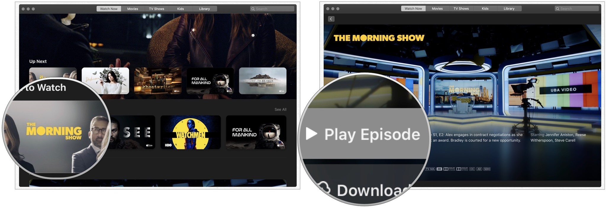 Para assistir no Mac, abra o aplicativo de TV, clique em um programa do Apple TV+ na lista Próximos ou encontre um na seção O que assistir.  Clique em Reproduzir episódio ou clique em Baixar para salvar para visualização off-line.