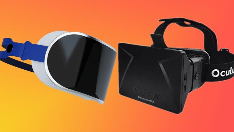 The rumored Apple Reality Pro headset next to an Oculus Rift development kit on an orange background