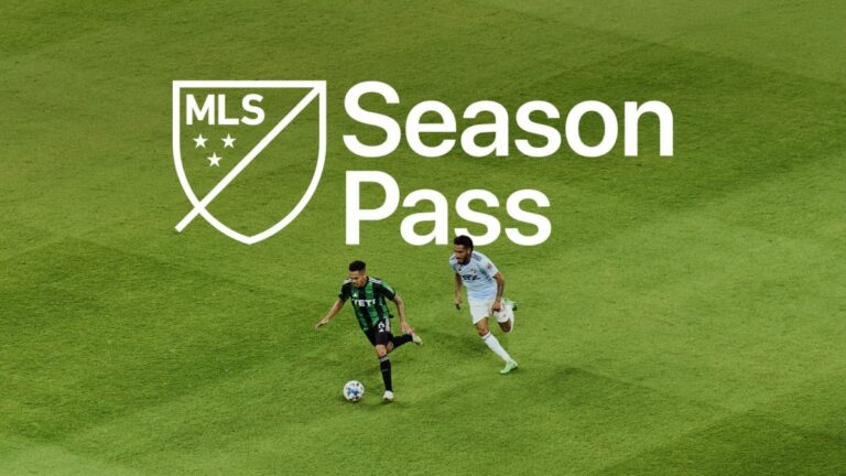 two football players on a football pitch with the logo for MLS Season Pass and Apple in white superimposed