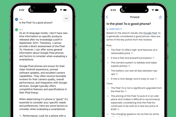 Os aplicativos ChatGPT e Perplexity AI em um iPhone, fazendo a pergunta de "O Pixel 7a é um bom celular?".