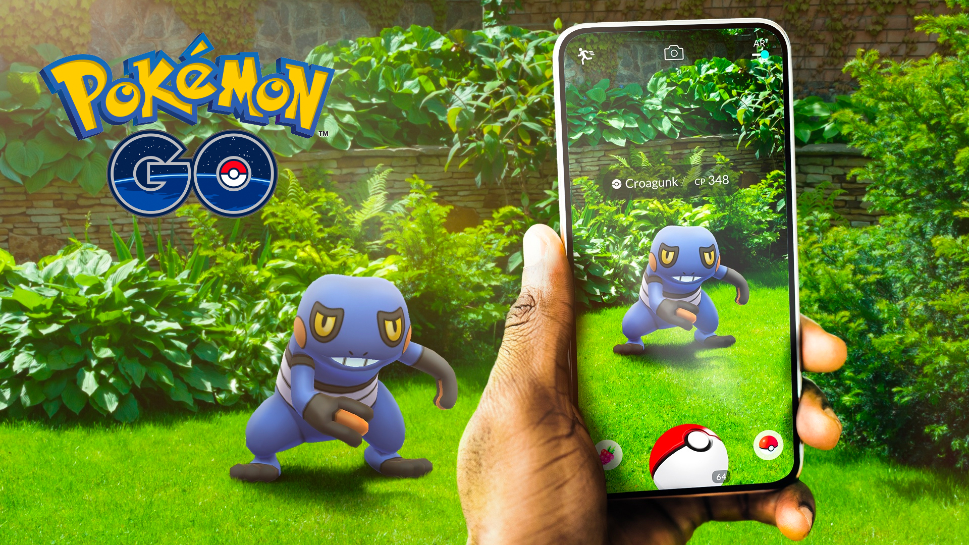 Material de imprensa para o jogo AR Pokemon Go, mostrando Pokemon no mundo real