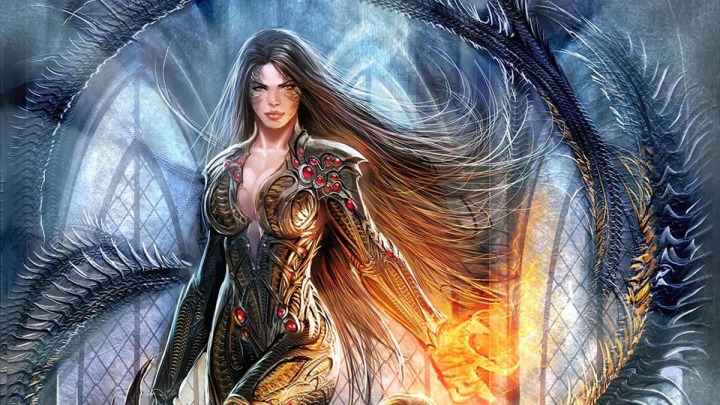 Witchblade fica na frente de um fundo gótico.