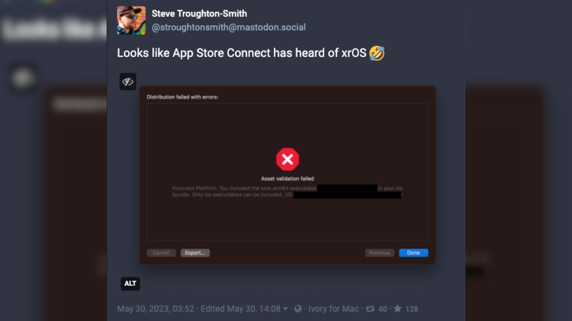 Mensagem de erro de Steve Troughton-Smith quando ele tentou colocar um aplicativo xrOS na app store