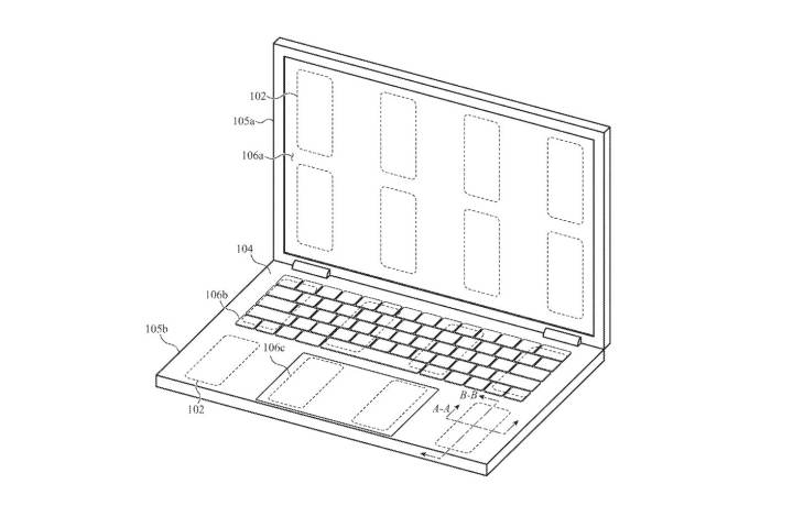 Uma imagem de uma patente da Apple mostrando um laptop MacBook equipado com vários sensores táteis sob a tela, teclado, trackpad e área de descanso para o pulso.