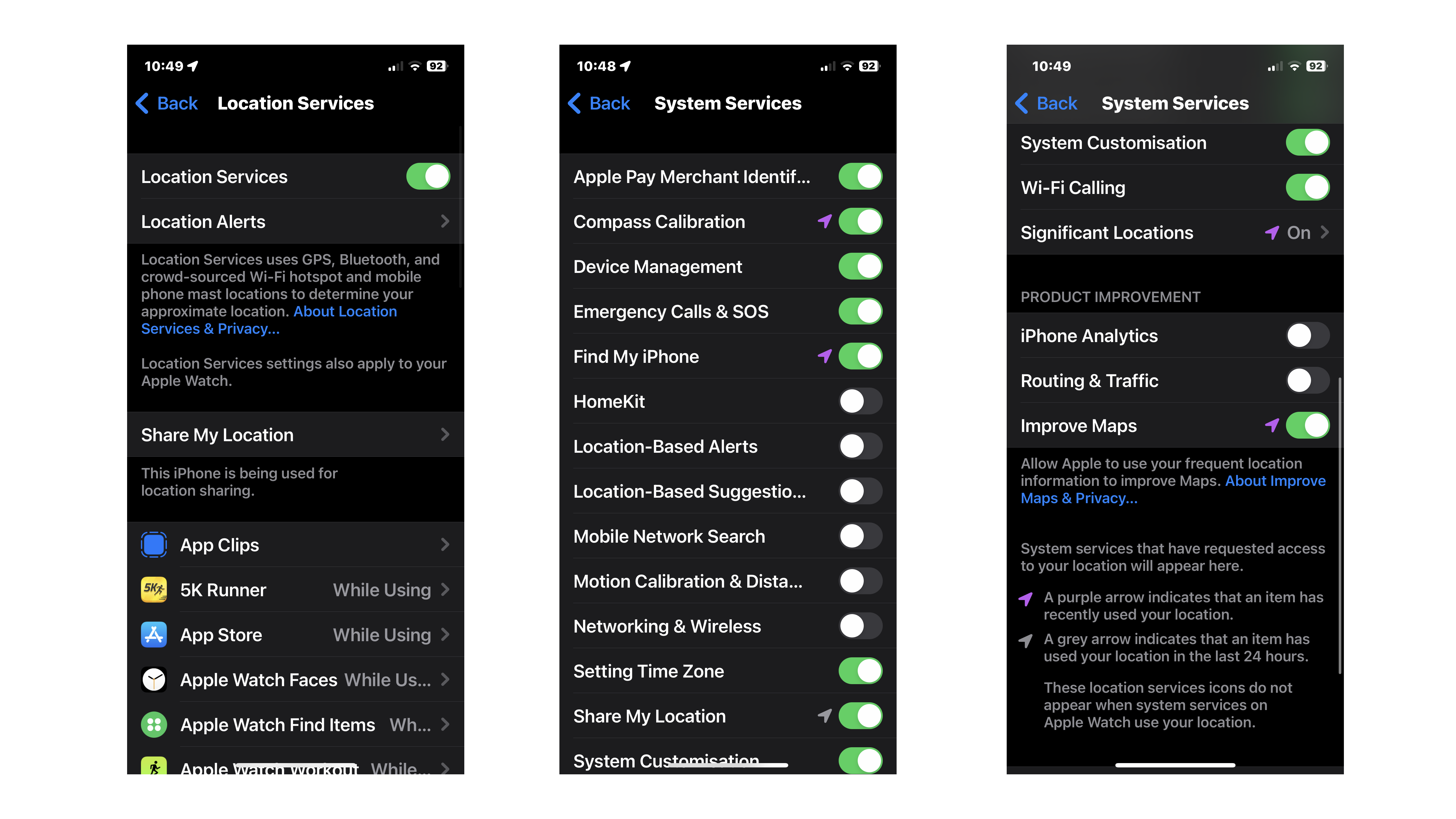 Configurações para locais significativos da Apple e recurso de notificações de rastreamento