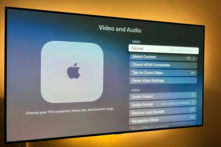 O menu Vídeo e áudio da Apple TV 4K.