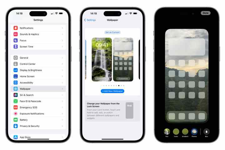 Três iPhones mostrando as etapas para personalizar o papel de parede da tela inicial no aplicativo de configurações no iOS 16.1.