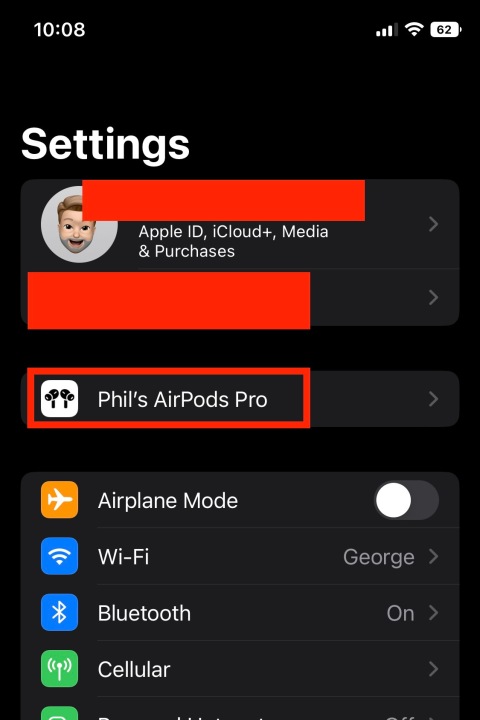 A tela de configurações do AirPods Pro em um iPhone.