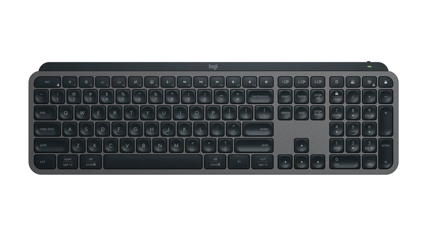 O teclado Logitech MX Keys S visto de frente, em um esquema de cores preto e cinza.