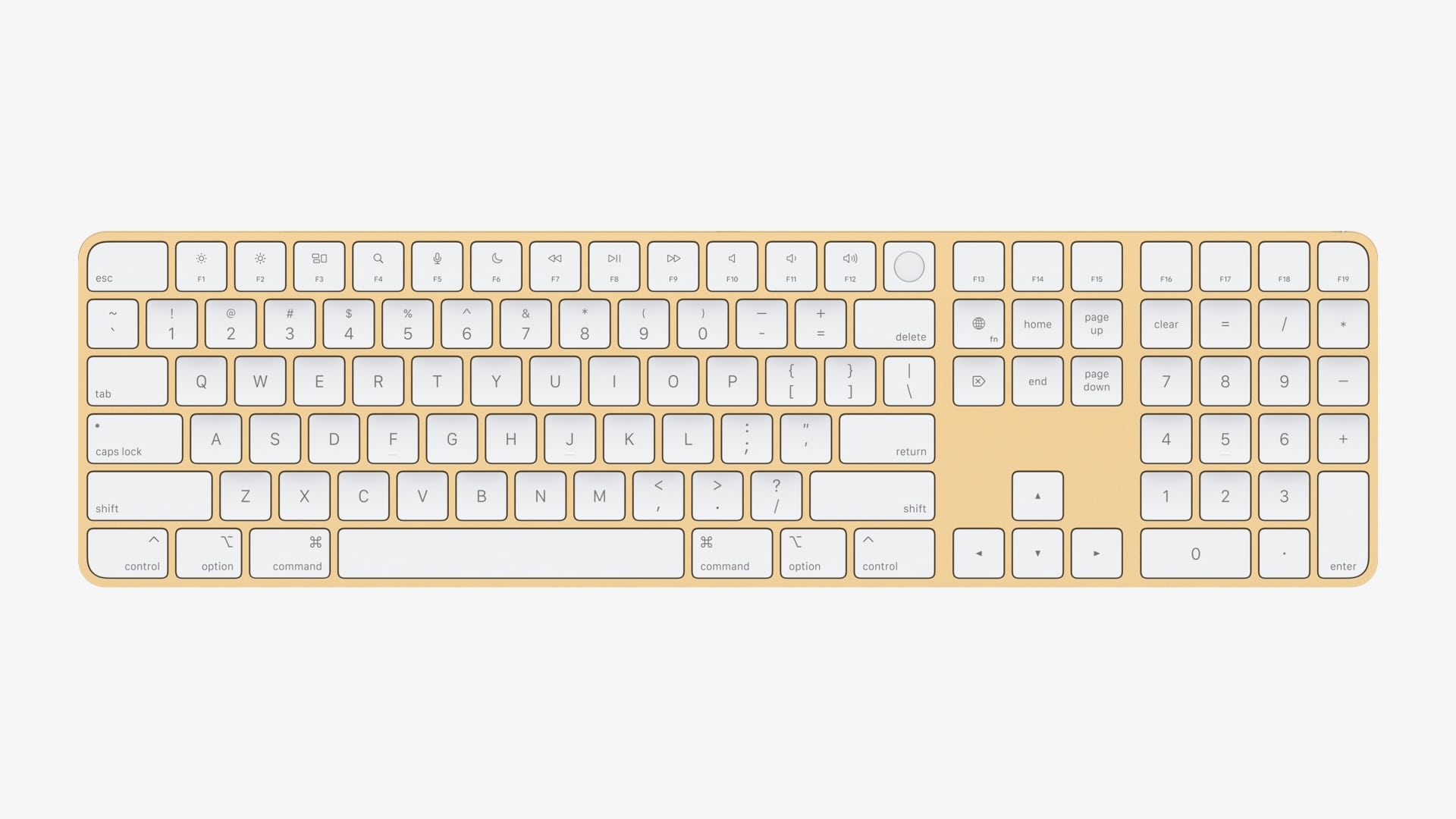 Um Magic Keyboard amarelo com botão Touch ID do iMac de 24 polegadas da Apple.