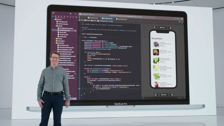 Um slide do Xcode rodando no MacOS Monterey no evento WWDC 2021 da Apple