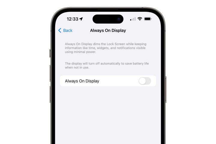 iPhone mostrando o Always On Display desativado no aplicativo Ajustes.