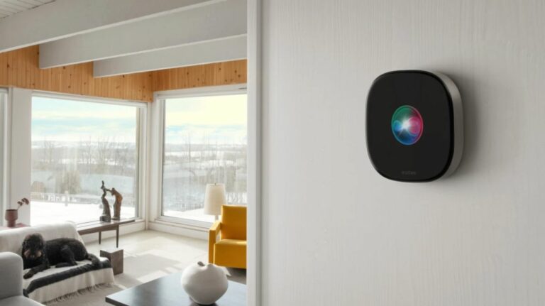 ecobee Smart Thermostat Premium with Siri on display installed on a wall