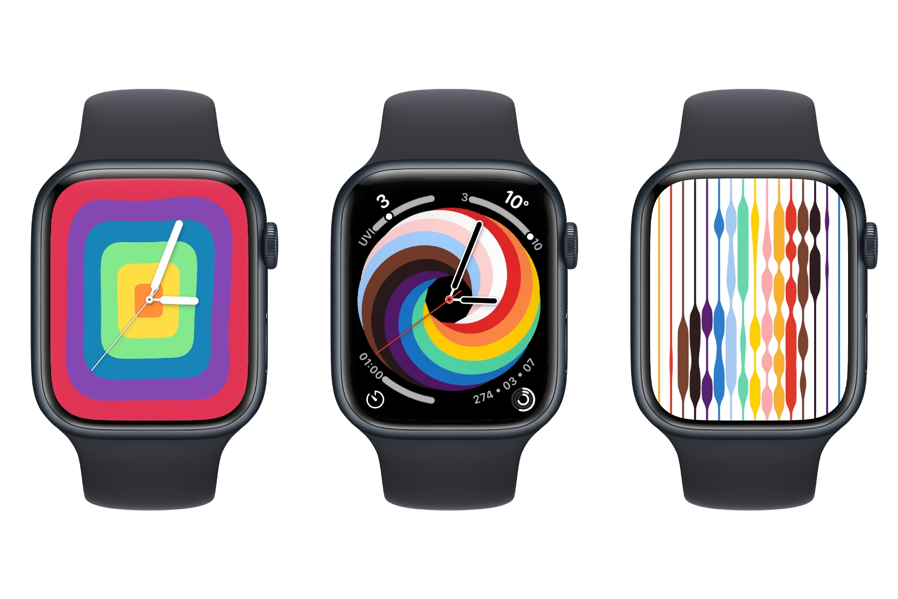 Três Apple Watches mostrando os rostos Pride Analog, Pride Woven Circular e Pride Threads.