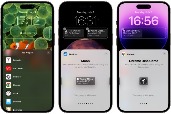 Três iPhones mostrando como adicionar widgets de tela de bloqueio de aplicativos específicos.