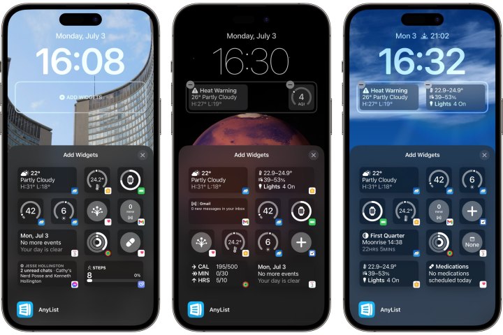 Três iPhones mostrando a tela de bloqueio Adicionar galeria de widgets.