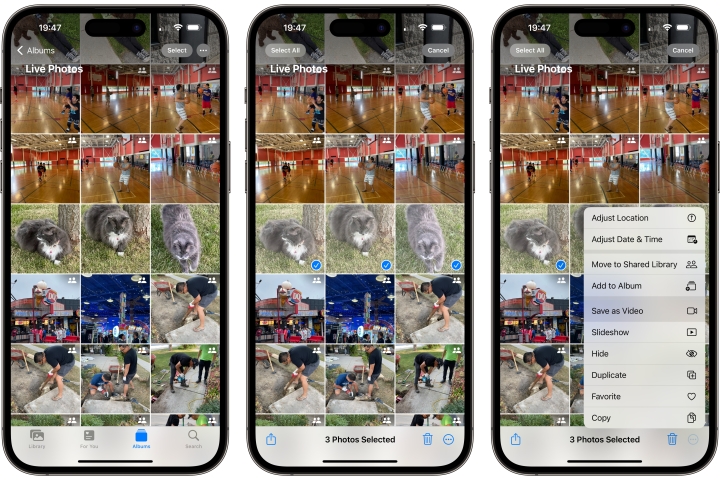 Três iPhones mostrando como selecionar várias Live Photos e converter em uma montagem de vídeo.