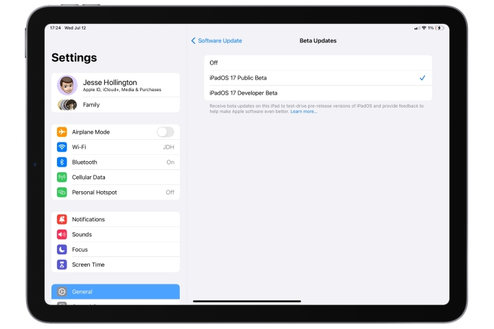 iPad mostrando a configuração beta pública do iPadOS 17.