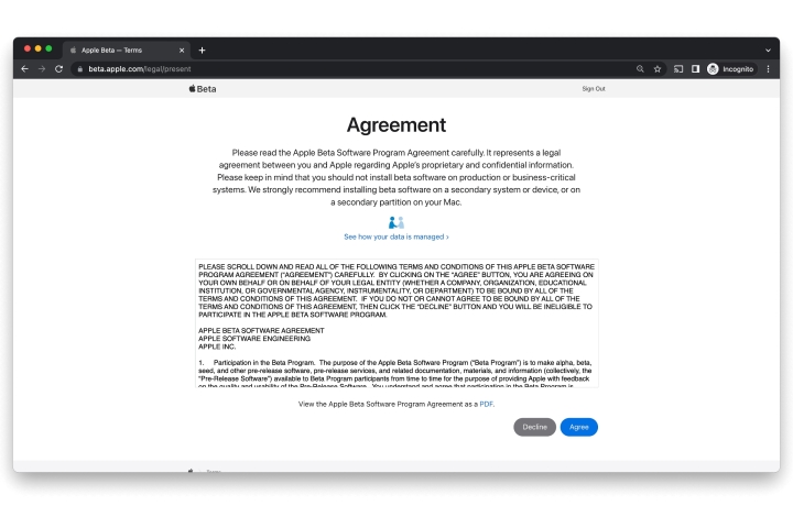 Navegador Chrome mostrando o contrato do Apple Beta Software Program.
