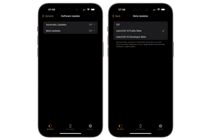 Dois iPhones mostrando as etapas para ativar os betas públicos do watchOS 10.