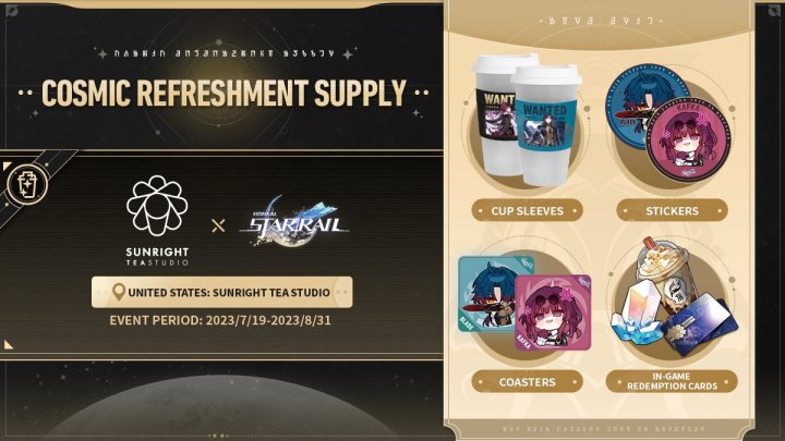 Honkai: adesivos Star Rail Cosmic Refreshment Supply, porta-copos e mangas de copo com Blade e Kafka